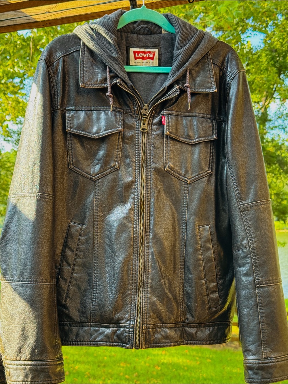 Levi’s Hooded Jacket Men’s Small Brown Faux Leather Polyurethane Moto Trucker